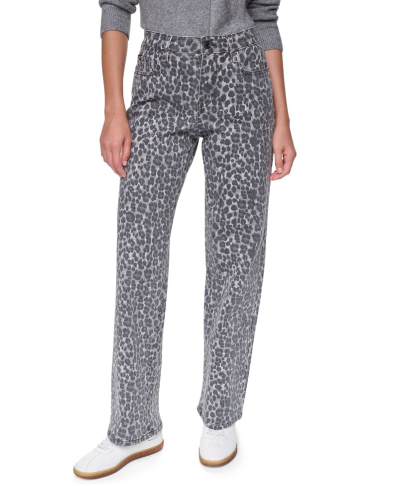 Women's Embellished Animal Print Mid Rise Relaxed Straight Jeans