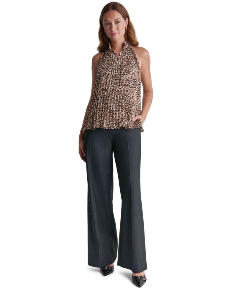 Women's Halter Leopard-Print Pleated Tank Top