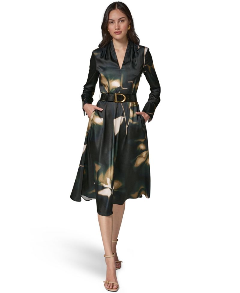 Women's Long-Sleeve Printed Charmeuse A-Line Dress With Belt