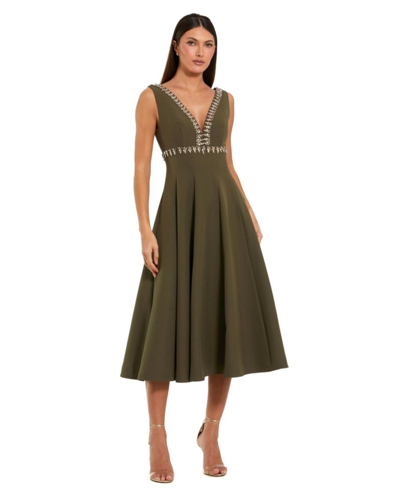 Women's Rhinestone Embellished Crepe A Line Midi Dress