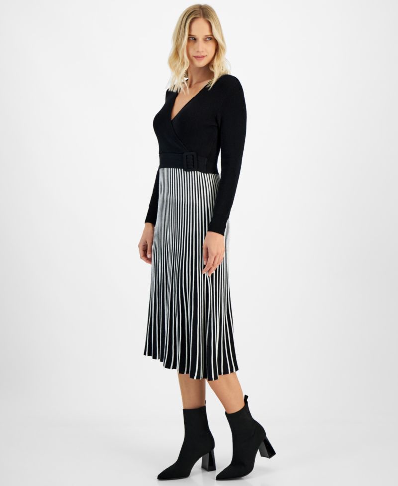 Petite Two-Tone Belted Sweater Dress