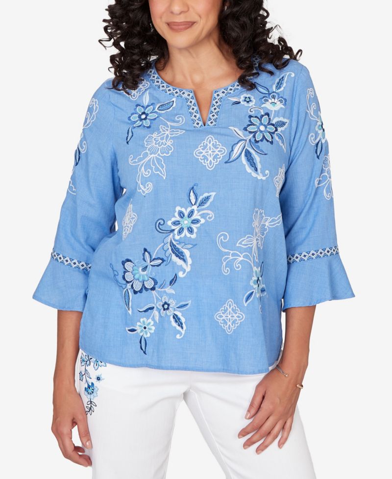 Petite Mykonos Floral Textured Embroidered Split Neck Top