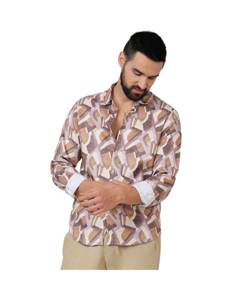 Men's Pale Yellow & Mocha Brown Abstract Block Shirt