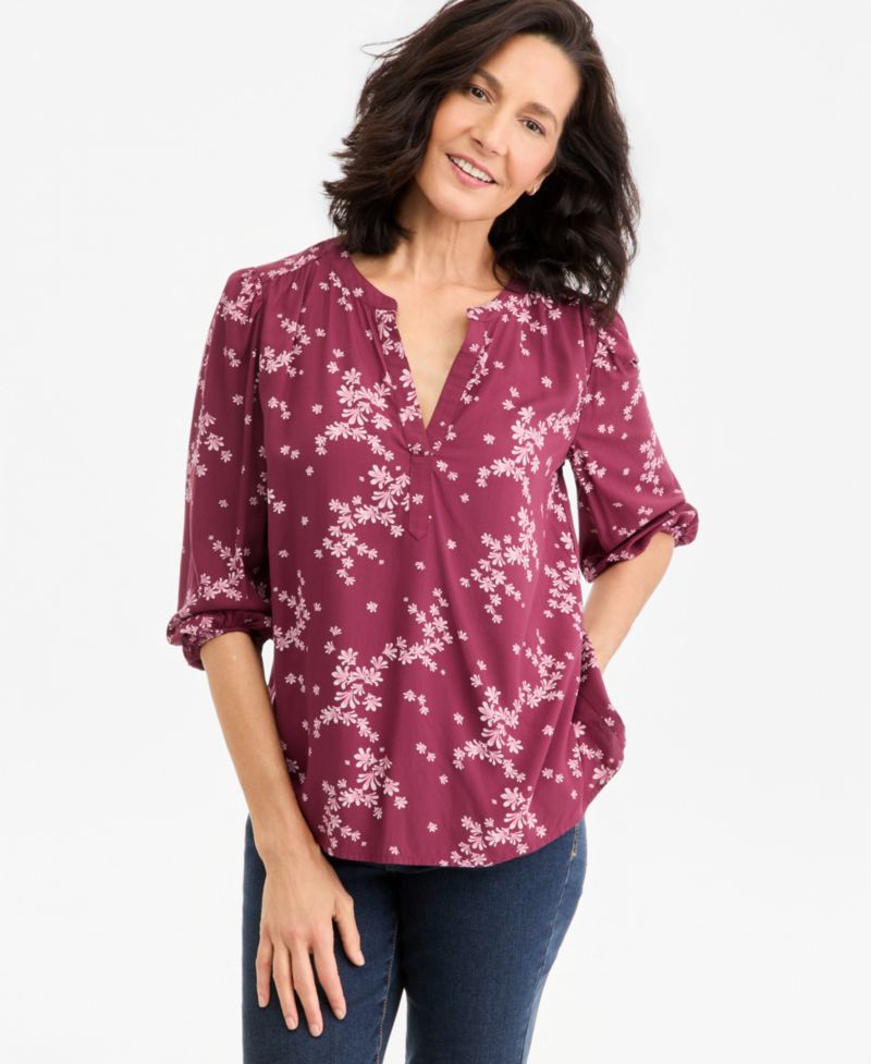 Petite Puff-Sleeve 3/4-Sleeve Floral-Print Blouse