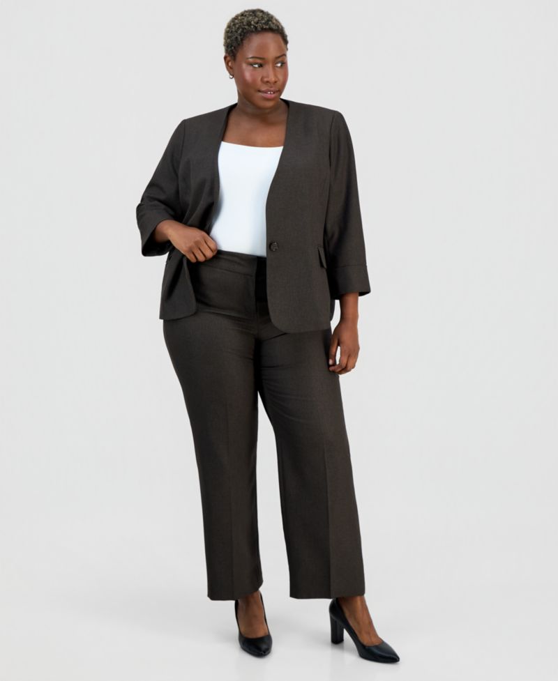 Plus Size Collarless One-Button Jacket & Fly-Front Wide-Leg Pants Suit