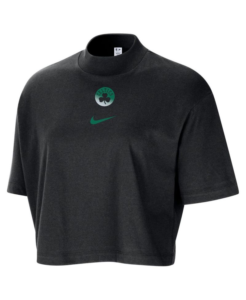 Women's Black Boston Celtics Courtside Mock Neck Loose Fit Cropped T-Shirt