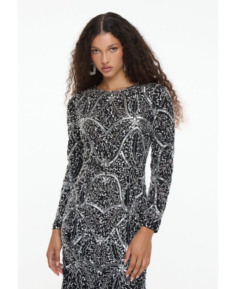 Women's Modest Embellished Sequin Beaded Dress Maxi With Fit Bodice and Trail