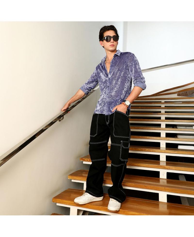 Men's Cornflower Blue Solid Velvet Shirt