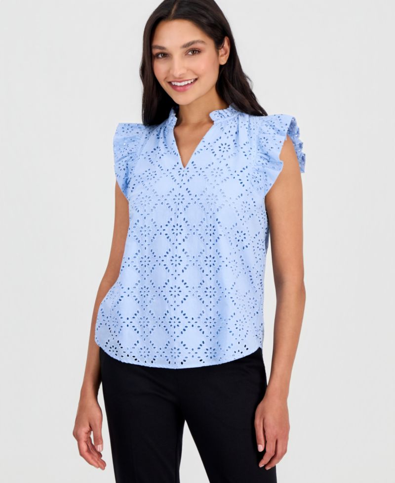 Petite Flutter-Sleeve V-Neck Blouse