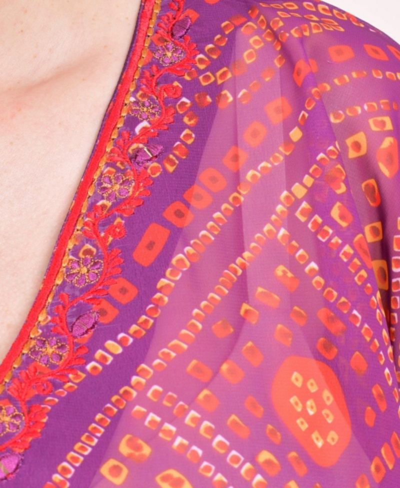 Women's Mirror Embroidered Bandhani Georgette Kaftan Top
