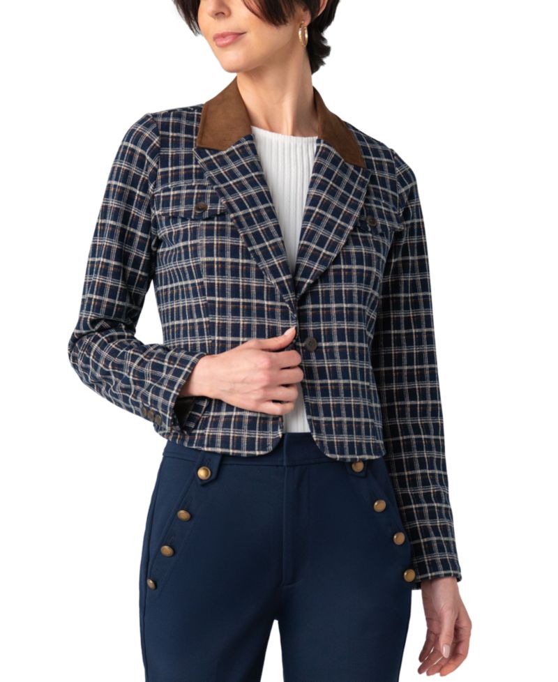 Women's Stretch Plaid Unlined Cropped Blazer