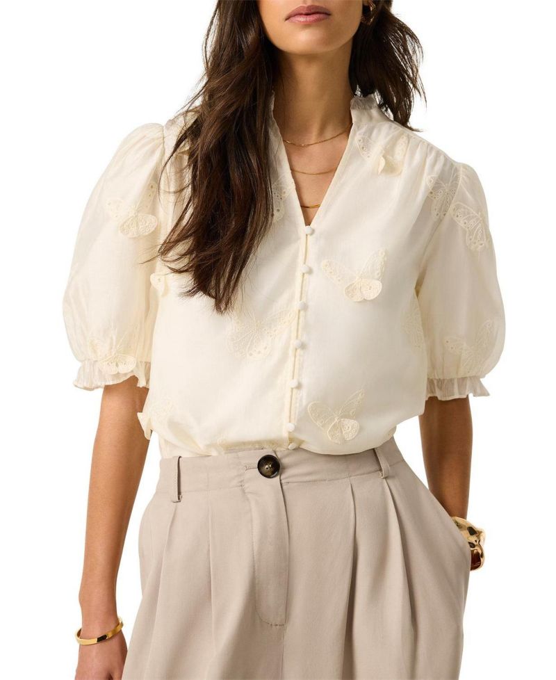 Women's Short-Puff-Sleeve V-Neck Applique Butterfly Blouse