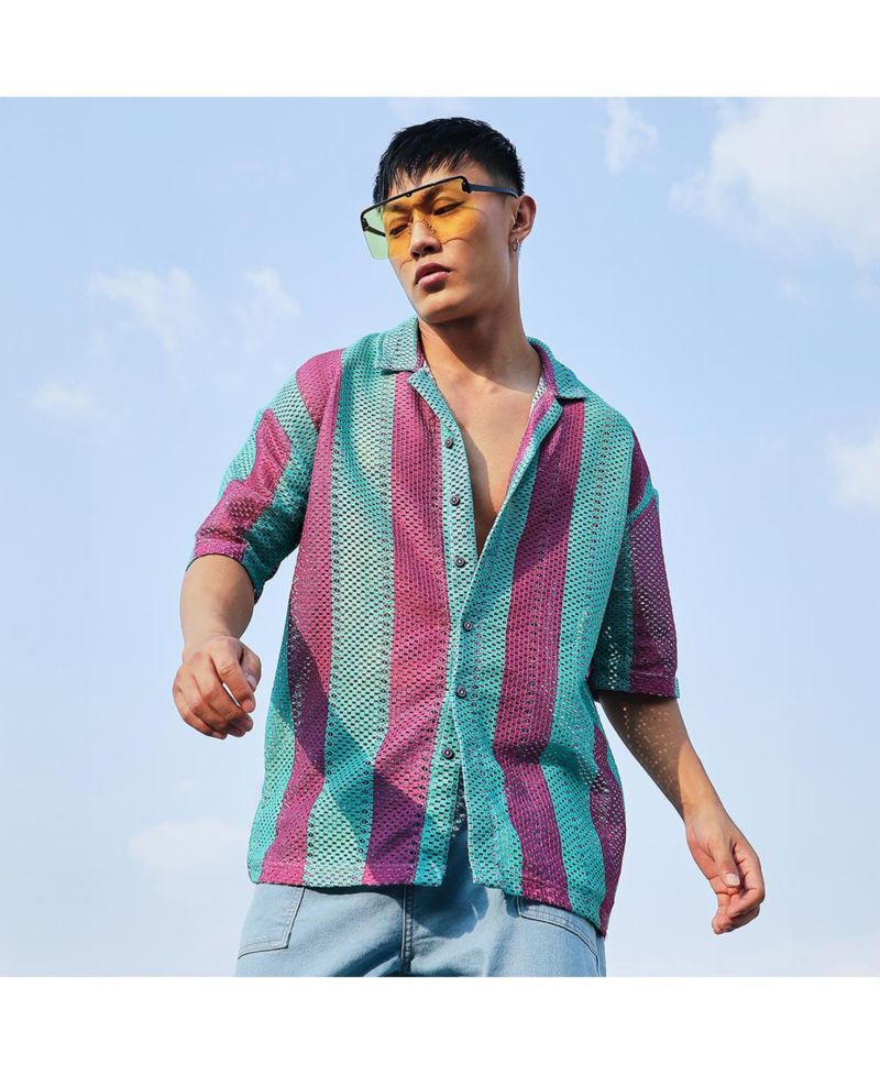 Men's Mint Green & Plum Purple Balanced Striped Oversized Shirt