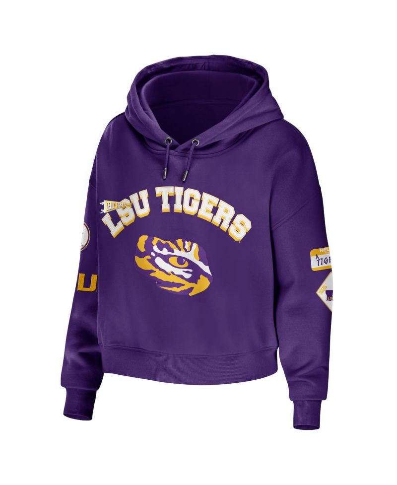 Women's Purple LSU Tigers Mixed Media Cropped Pullover Hoodie