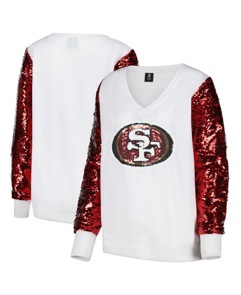 Women's White/Red San Francisco 49ers Sequin Sleeve V-Neck Pullover Sweatshirt