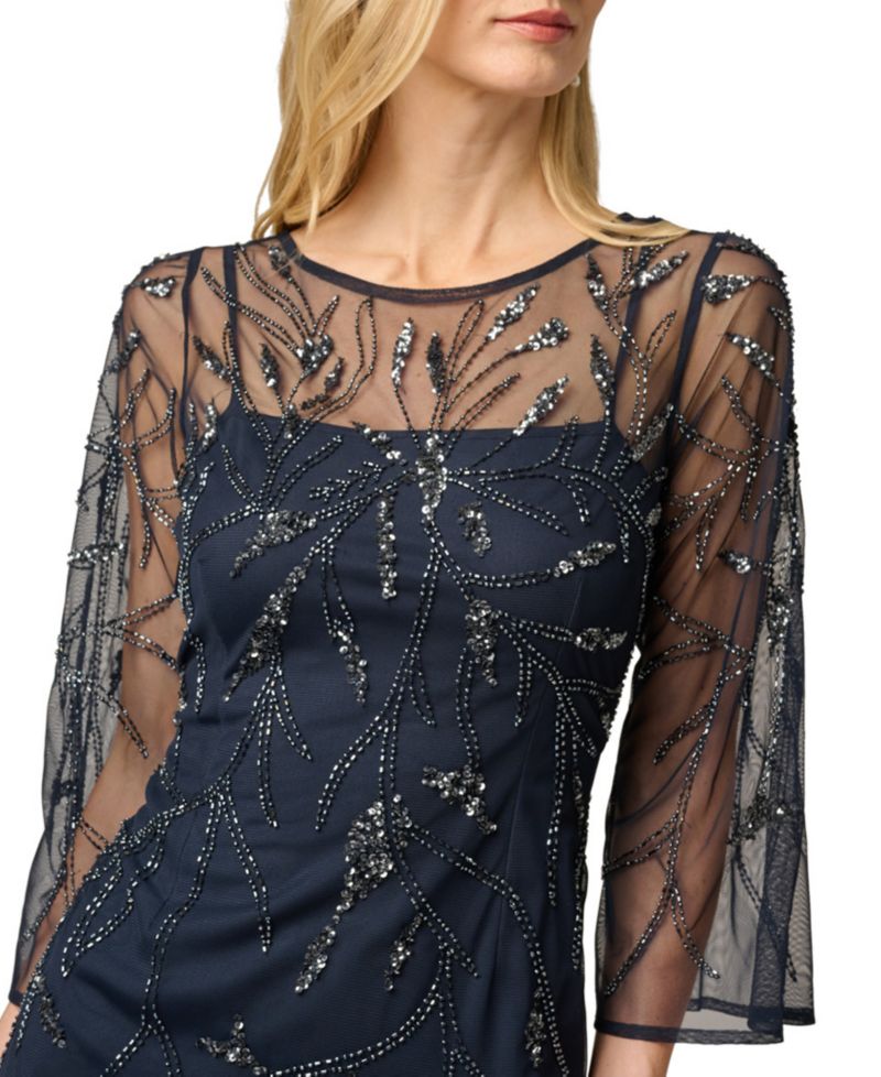 Women's Bead Mesh Illusion Boat Neck Gown