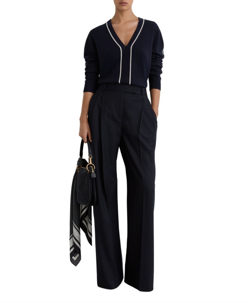 Women's Mila Long-Sleeve V-Neck Stripe-Detail Wool-Blend with Cashmere Pullover