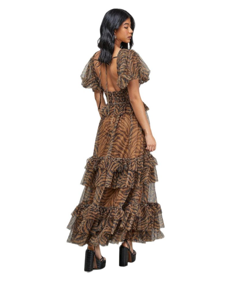 Women's Zebra Print Tulle Ruffle Maxi Dress