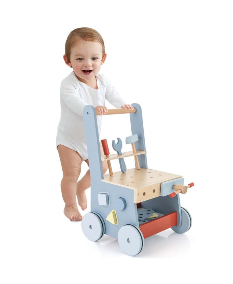 2-in-1 Wooden Baby Push Walker with Multi-Activity Center Bottom