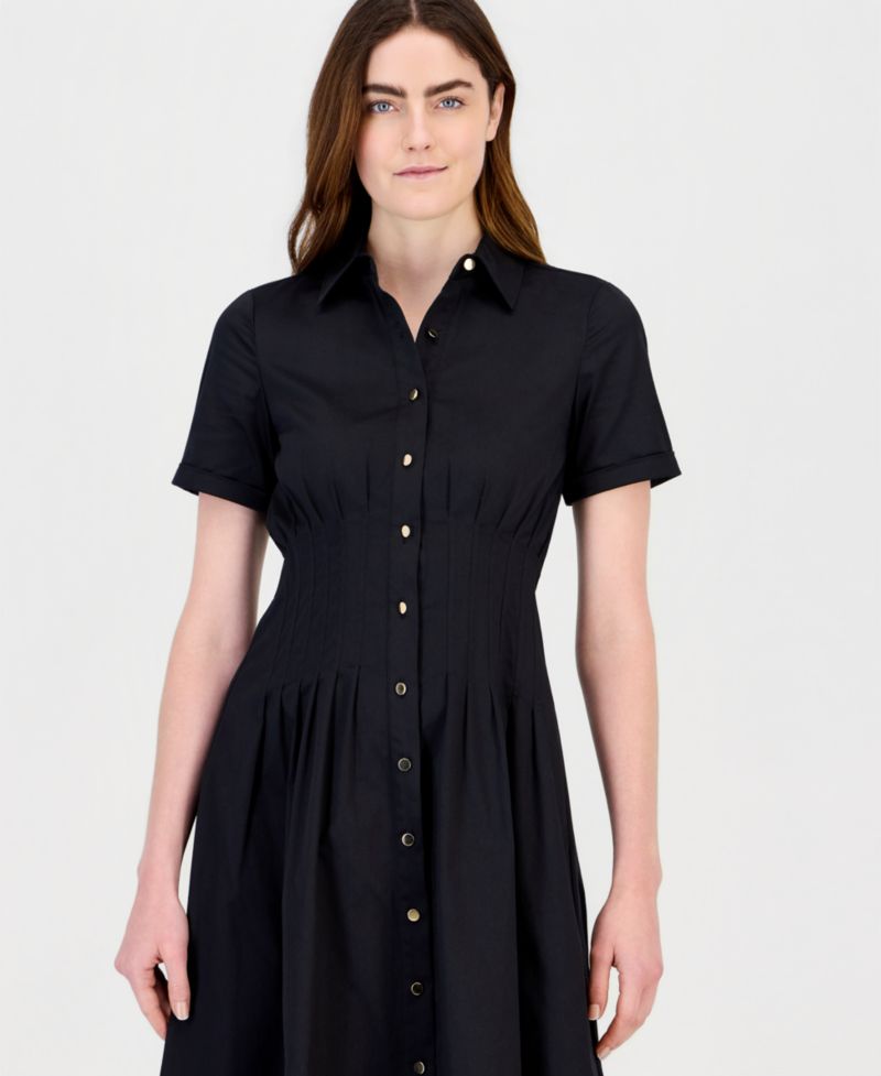 Women's Pleated-Waist Midi Shirt Dress