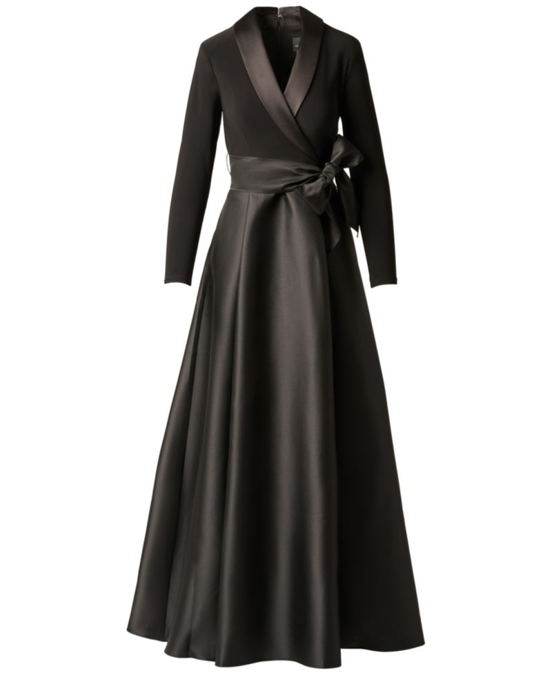 Women's Tuxedo Combo Fit and Flare Long-Sleeve Shawl Collar Satin Gown