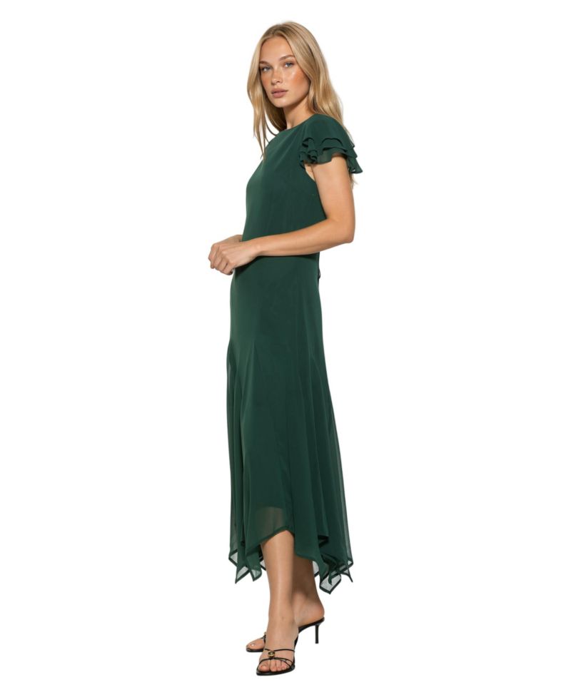 Women's Kaelith Ruffle-Sleeve Asymmetrical-Hem Midi Chiffon Dress
