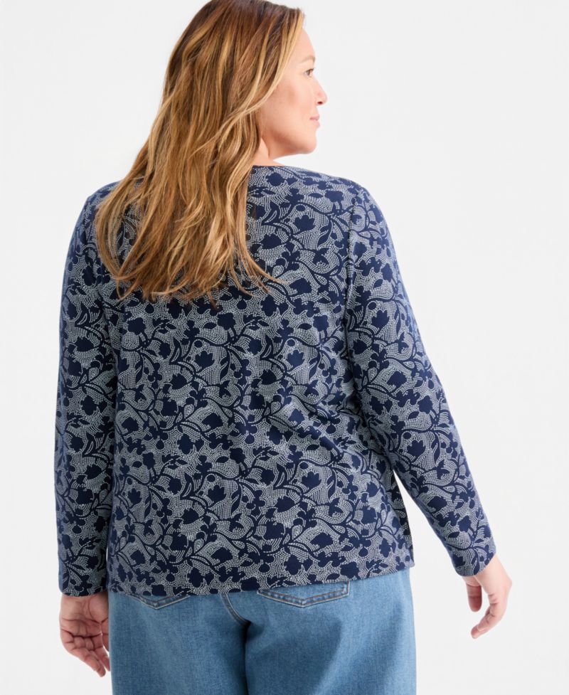 Plus Size Printed Long-Sleeve Scoop-Neck Top