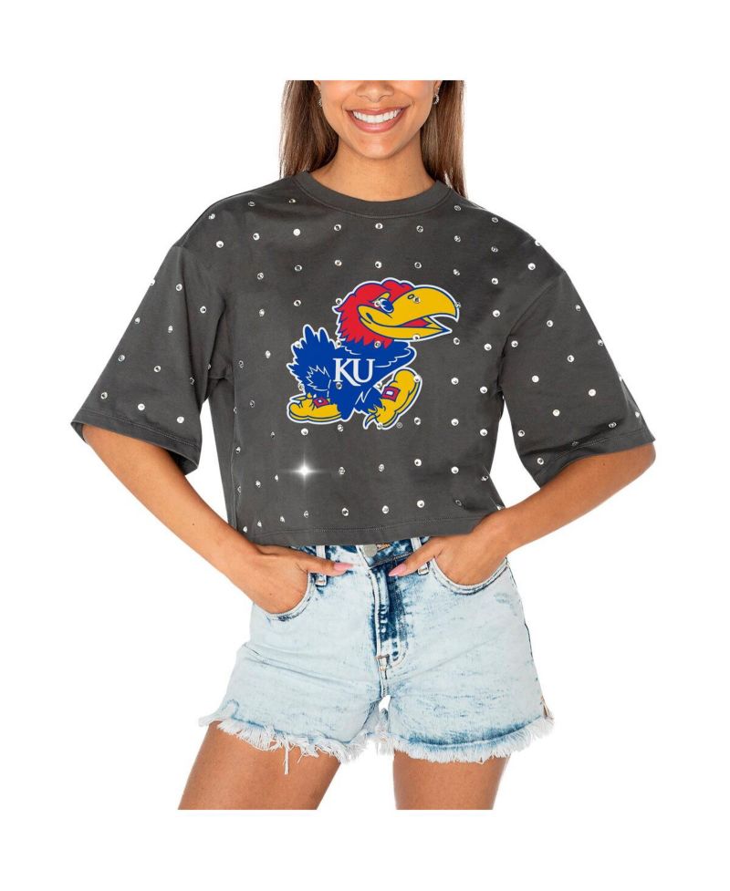 Women's Gray Kansas Jayhawks Go Time Rhinestone Crop T-Shirt