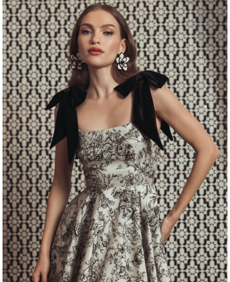 Women's Floral Brocade A-Line Midi Dress with Bow Straps