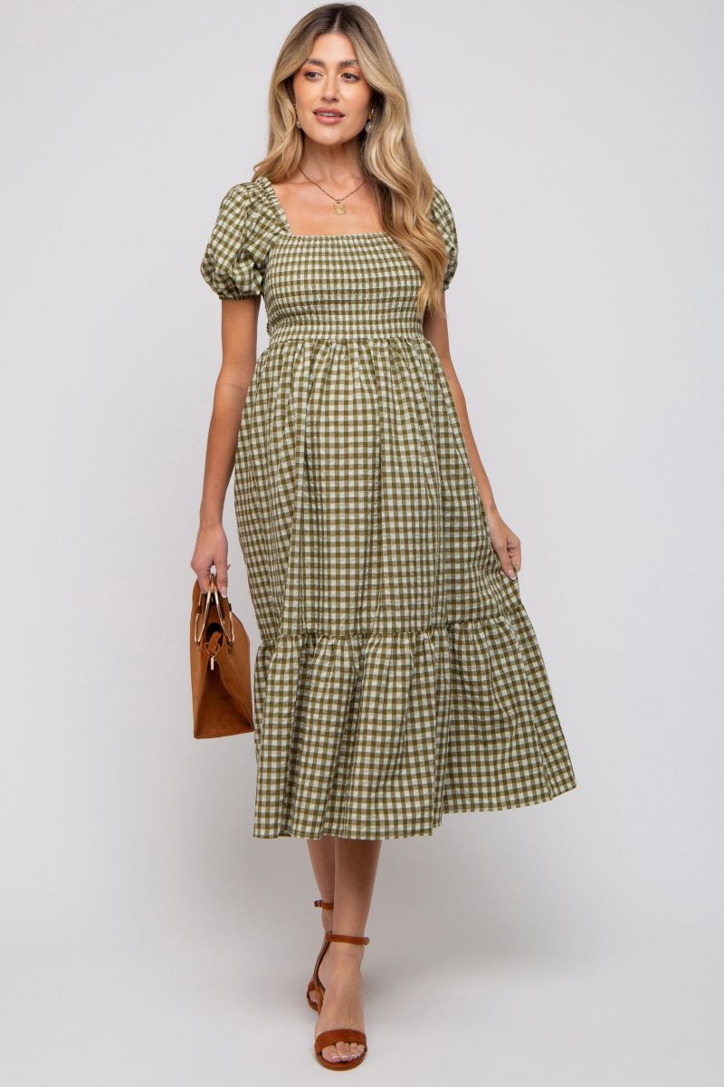 Women's Rust Gingham Smocked Midi Dress