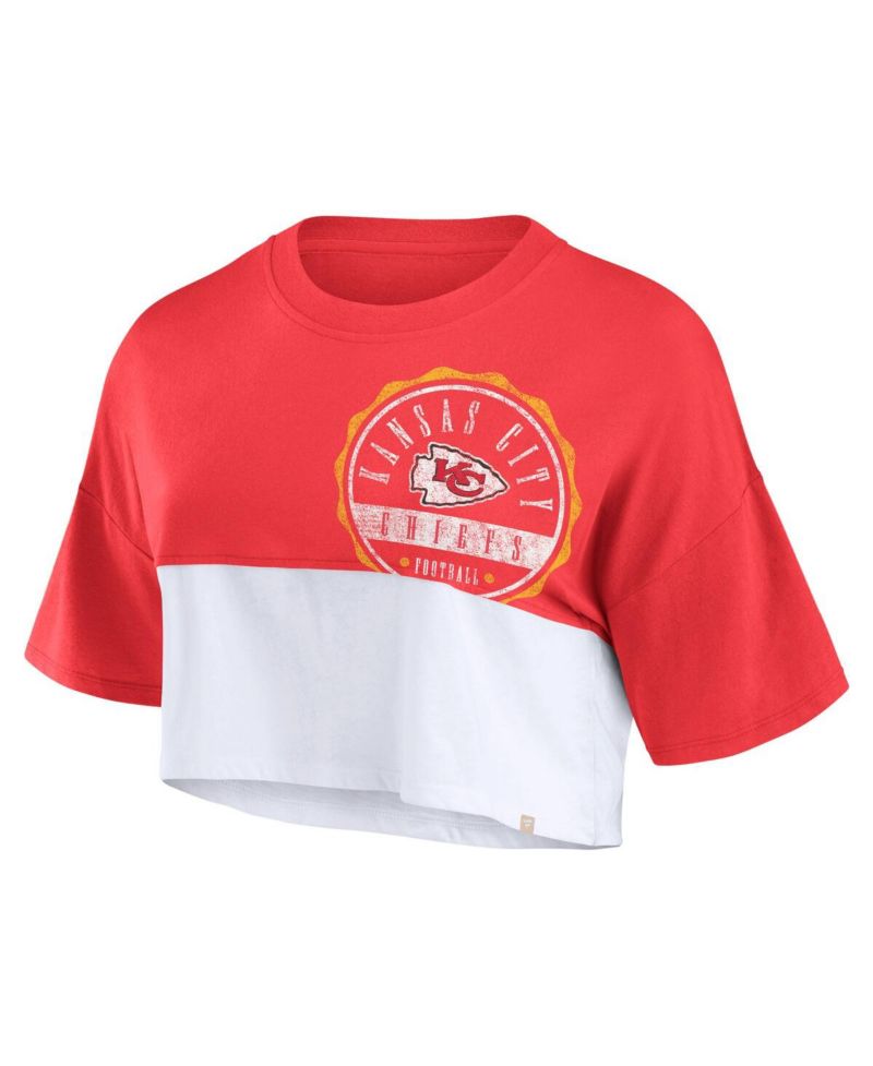 Women's Red, White Kansas City Chiefs Boxy Color Split Cropped T-shirt