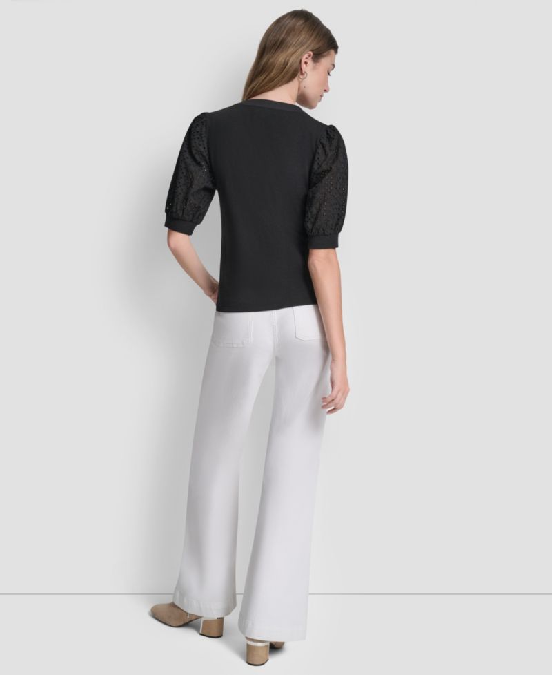 Petite Rib Body Eyelet V-Neck Top
