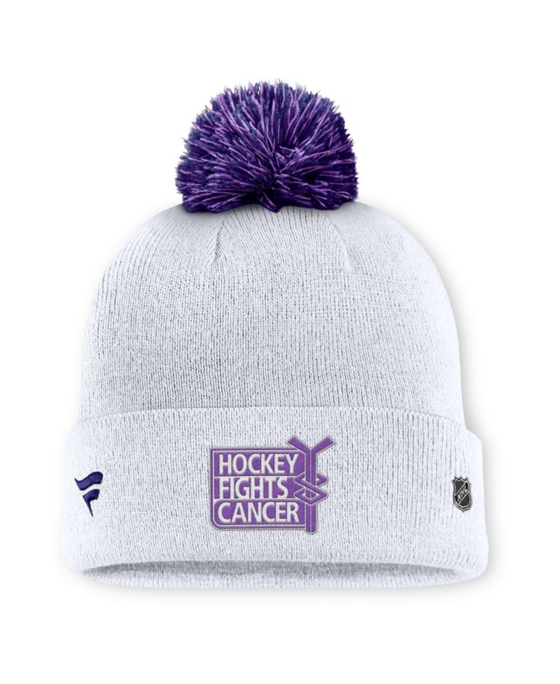 Men's White Utah Mammoth Authentic Pro Hockey Fights Cancer Cuffed Knit Hat with Pom