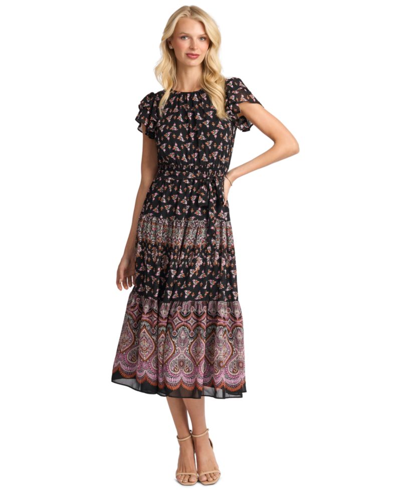 Women's Flutter-Sleeve Tie-Waist Midi Dress