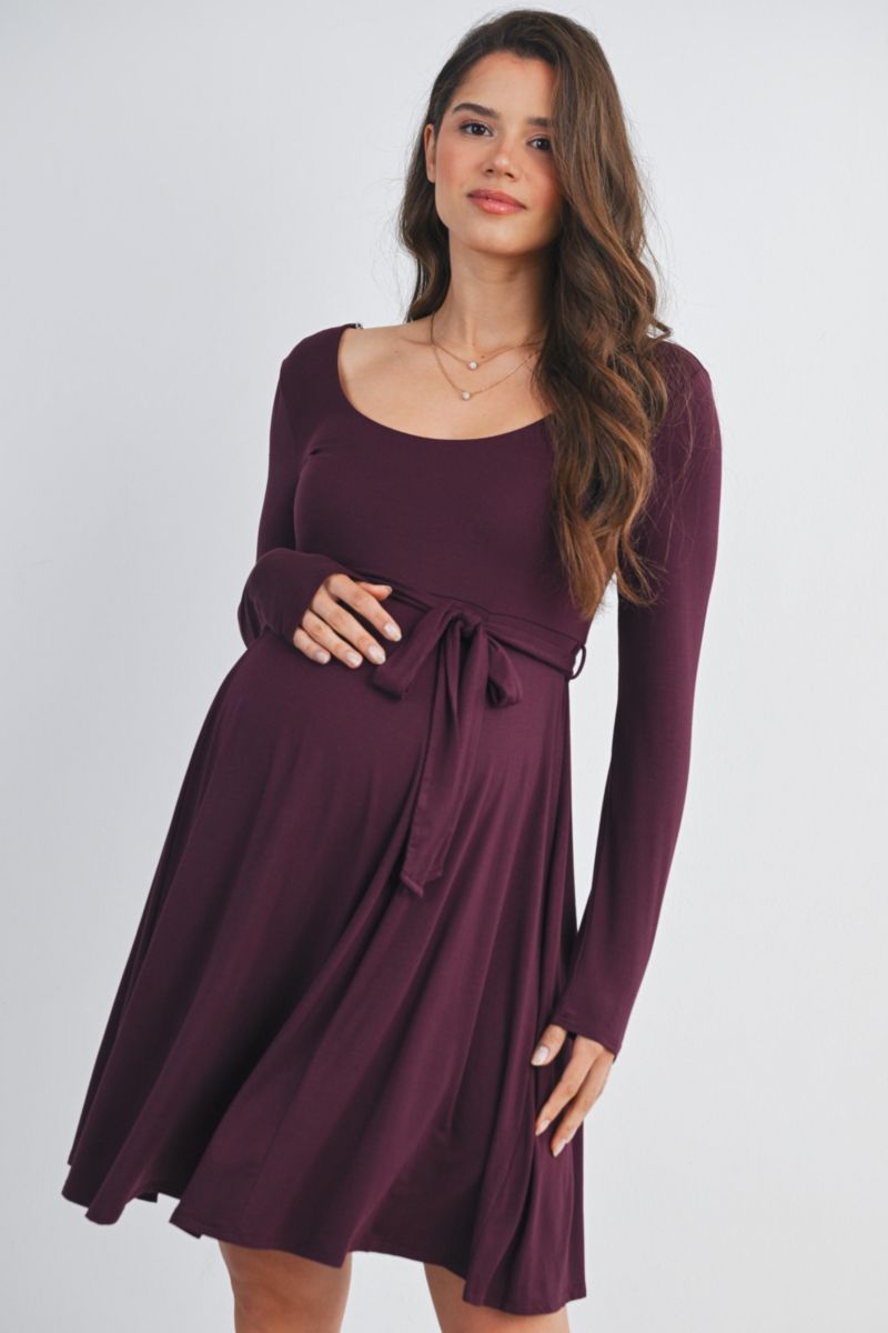 Women's Scoop Neck Long Sleeve Tie Waist Dress