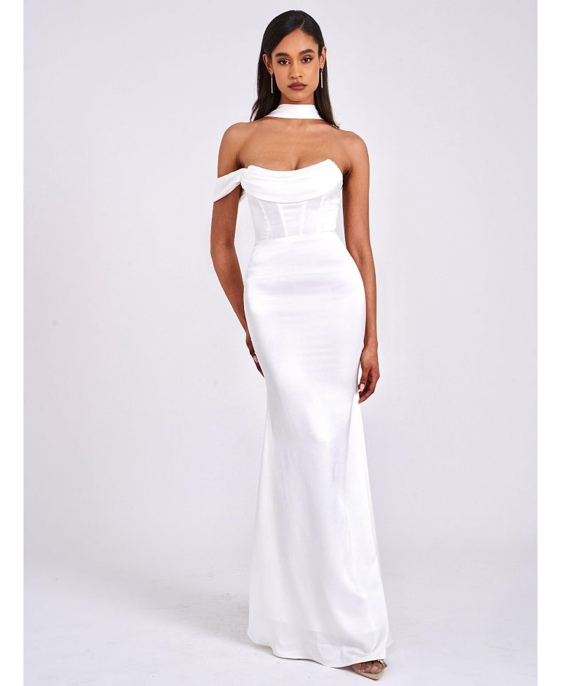 Women Ivona White Halter Neck Double Duchess Satin Gown