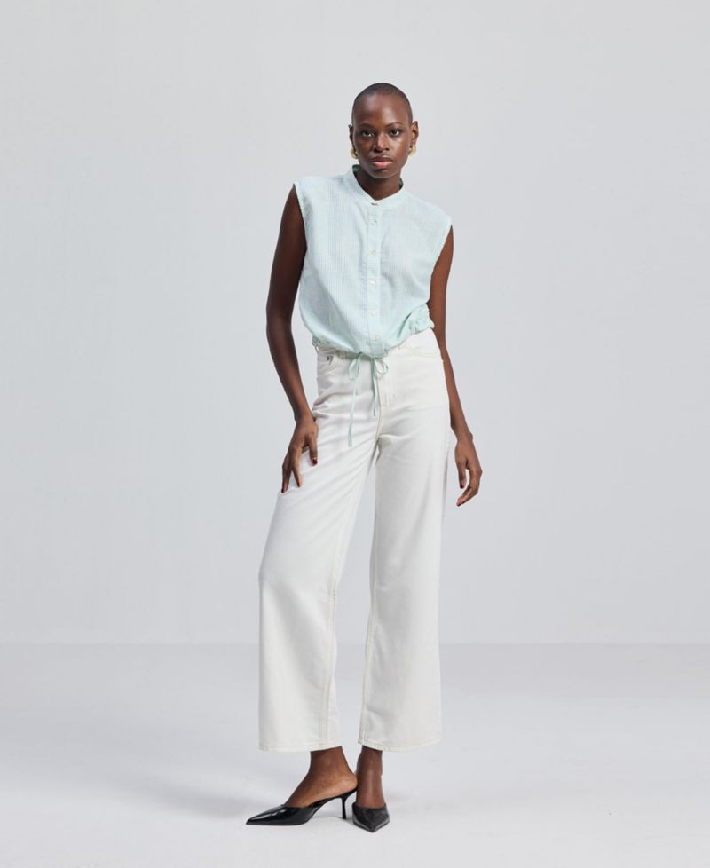 Women's Button-down Shirt with Waist Drawstring in Stripes