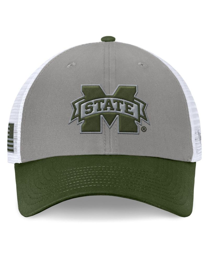 Men's Gray/Green Mississippi State Bulldogs OHT Military Appreciation Badge Trucker Adjustable Hat