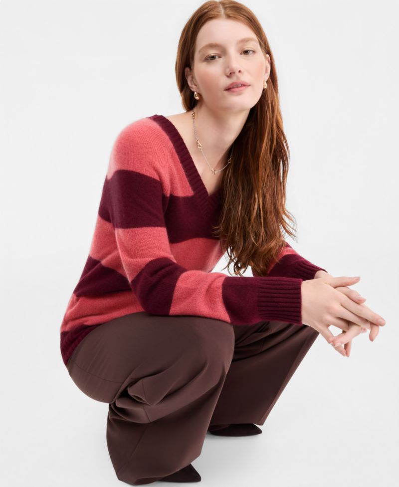 Women's 100% Cashmere Striped V-Neck Sweater