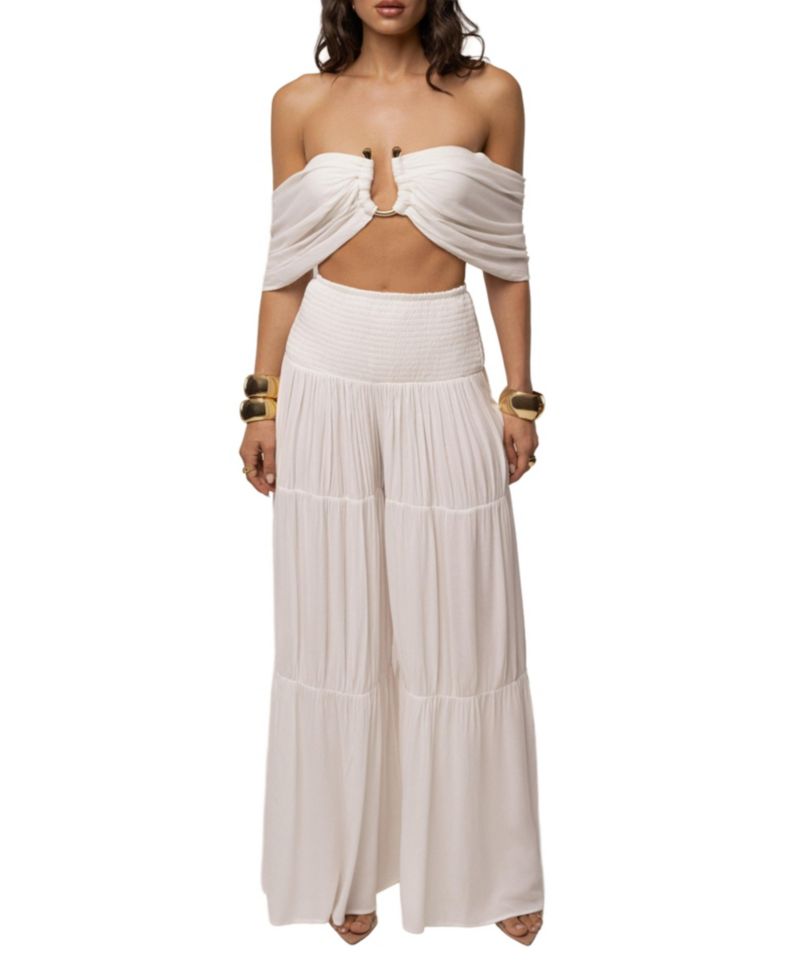 Women's Hidden Gems Tier Off-the-Shoulder Crop High-Waisted Top and Pants, 2-Piece Set