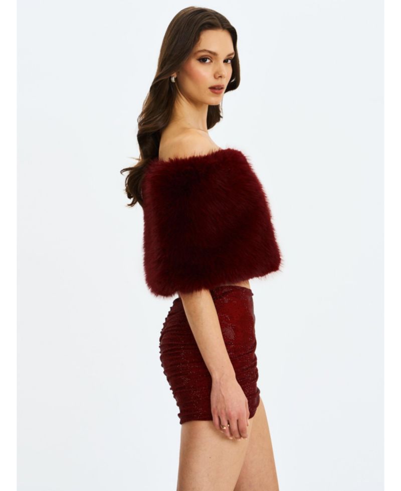 Women's Darla Burgundy Faux Fur Off-Shoulder Cropped Top