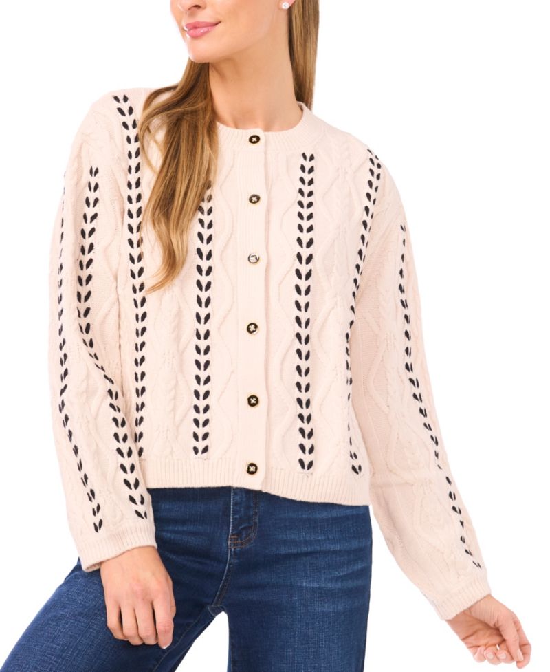 Women's Crewneck Cable Knit Cardigan Sweater