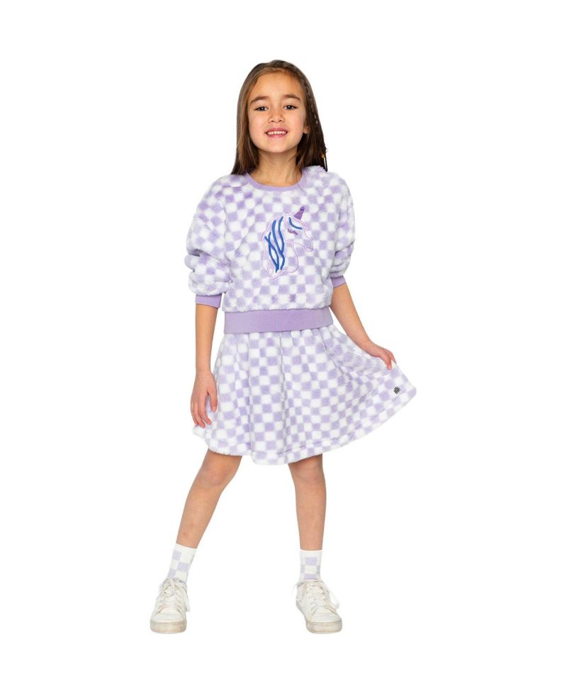 Little and Big Girl 6-12 Faux Fur Top Lilac and Tiles