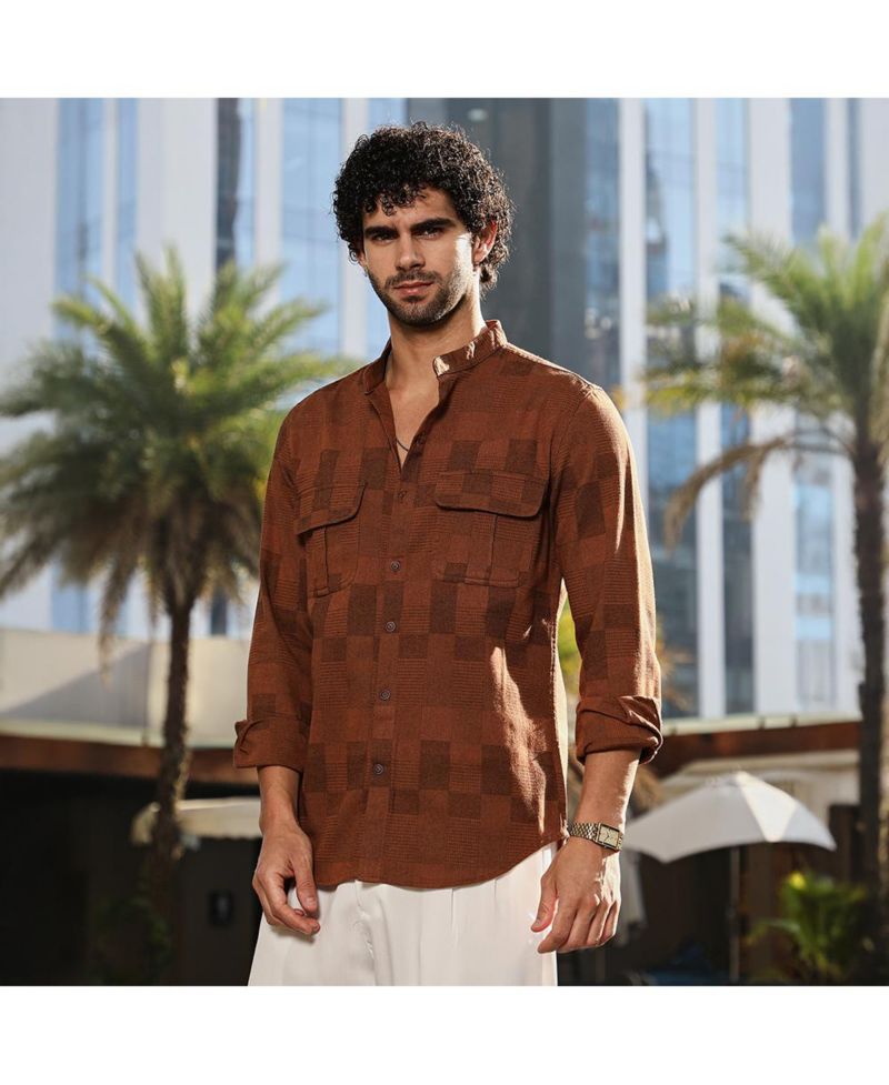 Men's Russet Brown Mandarin Utility Shirt