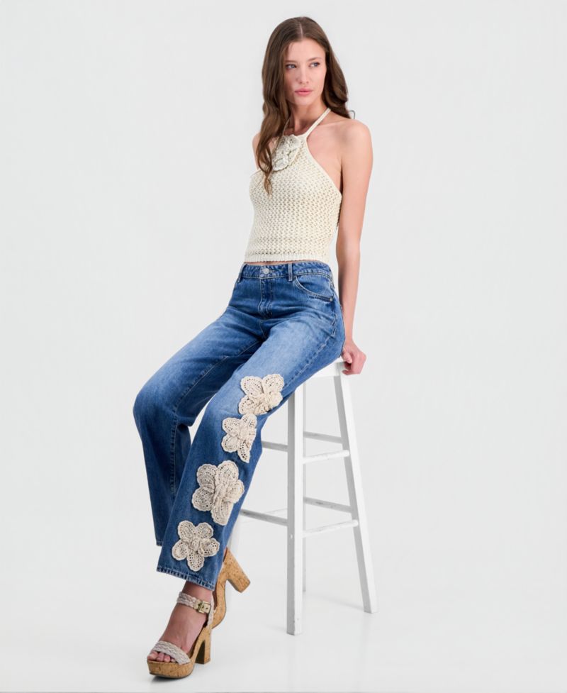 Women's Gaia High Rise Floral Crochet Straight-Leg Jeans