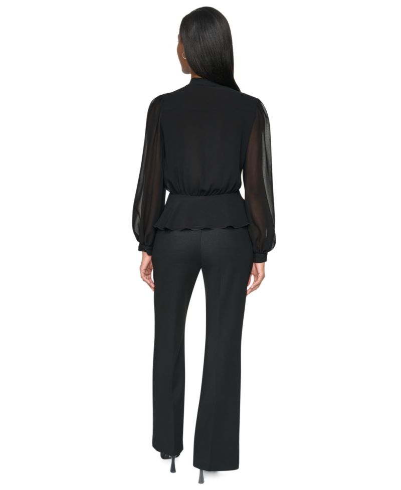 Women's Tie Neck Peplum Long-Sleeve Blouse