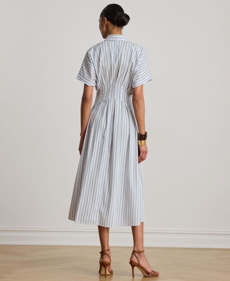 Women's Point Collar Striped Pleated Broadcloth Shirt-Dress