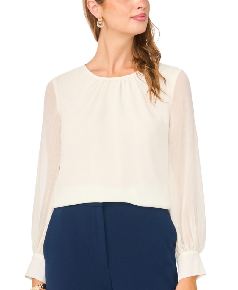 Women's Gathered Crewneck Long-Sleeve Chiffon Blouse
