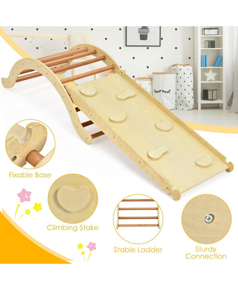 Ages 1+ 3-in-1 Reversible Wooden Ladder Arch, Ramp and Rocker Board, 3-Piece Set