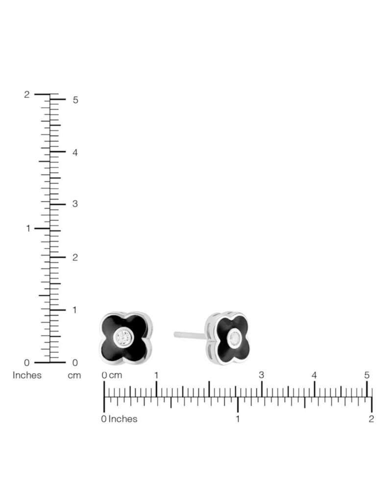 Sterling Silver Black Enamel Clover with Cubic Zirconia Stud Earrings